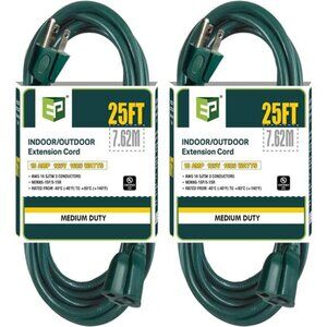 2 Pack 25 Ft Outdoor Extension Cord - 16/3 SJTW Green Electrical Cable